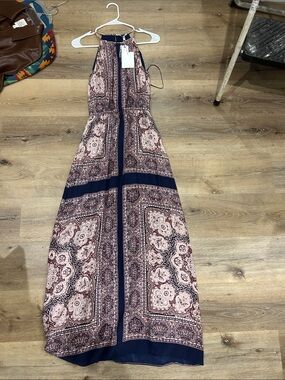 Joie Printed Halter Maxi Dress in Navy and Mauve